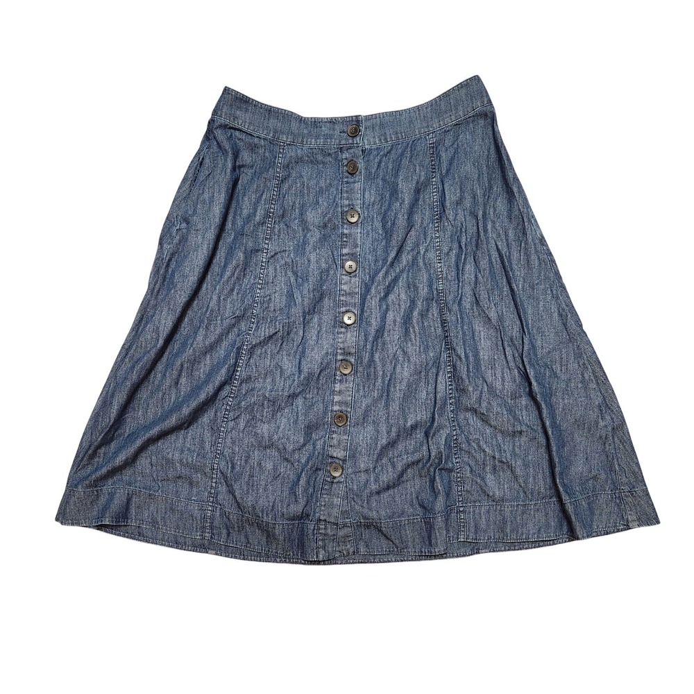 Talbots Womens Blue Denim Button Front A-Line Skirt Size 14 Cotton Chambray